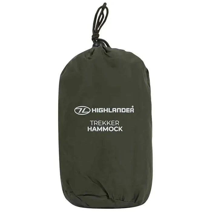 Highlander Trekker Hammock packed in its compact olive green carry bag with drawstring closure, ideal for camping and outdoor adventures.  from  John Bull Clothing