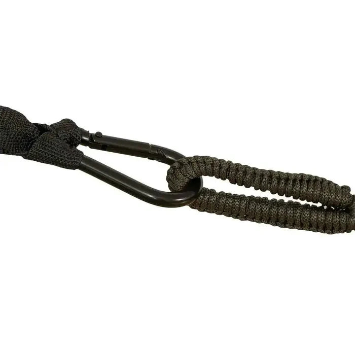 Close-up of the Highlander Trekker Hammock's sturdy black carabiner and rope attachment, ensuring secure and reliable outdoor setup.  from  John Bull Clothing