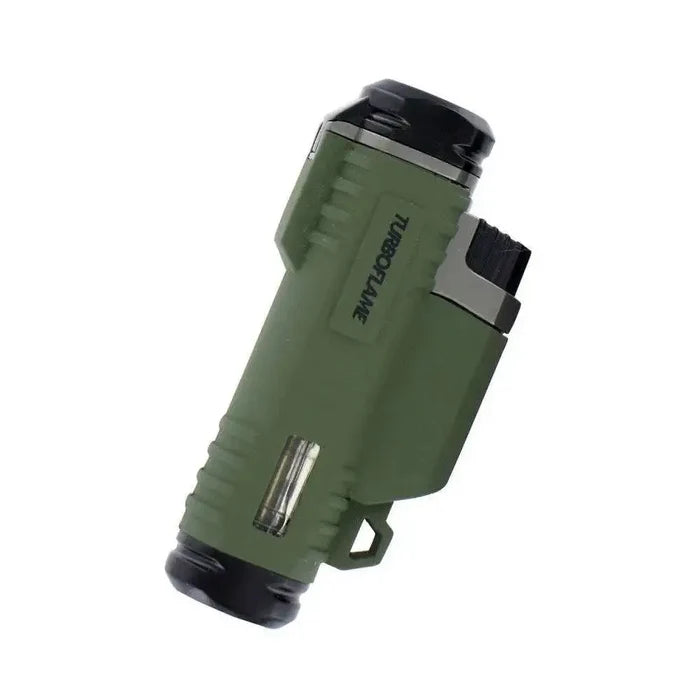 Highlander Turboflame Twinflame Lighter in green with a rugged design. Features a fuel level window and windproof twin flames for outdoor adventures.  from  John Bull Clothing