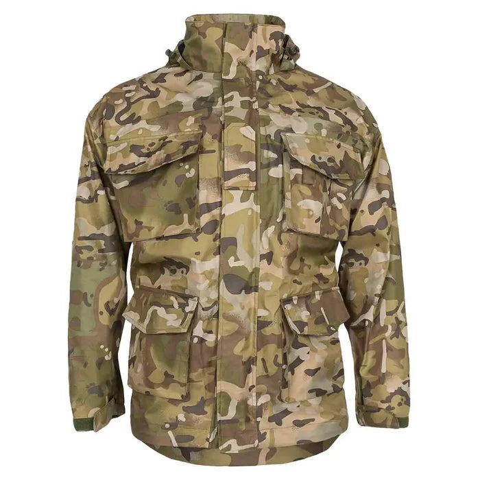 Highlander Typhoon Waterproof Jacket HMTC with multi-terrain camouflage, featuring multiple pockets and a durable design for outdoor protection.  from  John Bull Clothing