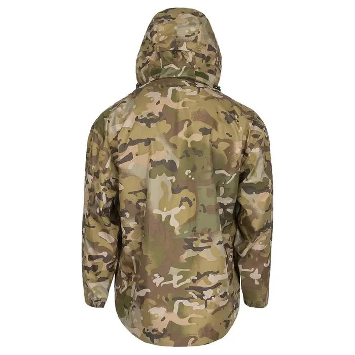 Back view of Highlander Typhoon Waterproof Jacket HMTC, displaying its full-length hood and multi-terrain camouflage for tactical use.  from  John Bull Clothing