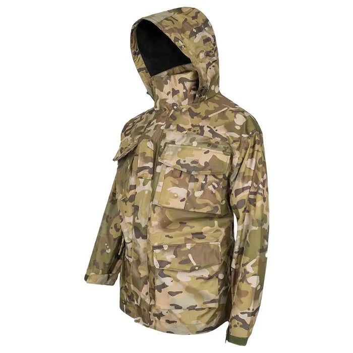 Angled side view of Highlander Typhoon Waterproof Jacket HMTC with hood up, emphasizing its rugged design and weather-resistant features.  from  John Bull Clothing