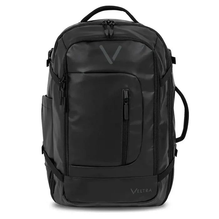 Highlander Veltra 44L Cabin Bag Black with multiple compartments, front zippered pocket, and durable handles for travel convenience.  from  John Bull Clothing