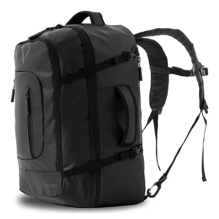 Side view of Highlander Veltra 44L Cabin Bag Black showcasing adjustable padded shoulder straps and reinforced side handles.  from  John Bull Clothing