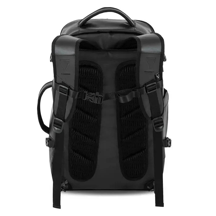 Back view of Highlander Veltra 44L Cabin Bag Black featuring ergonomic padded straps and breathable mesh back panel for comfort.  from  John Bull Clothing