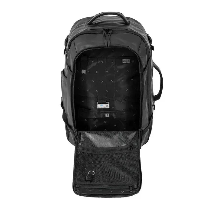 Interior view of Highlander Veltra 44L Cabin Bag Black displaying spacious compartments, mesh pockets, and an Okoban tag for security.  from  John Bull Clothing