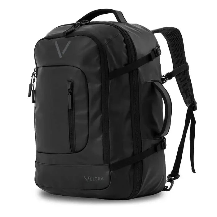 Three-quarter front view of Highlander Veltra 44L Cabin Bag Black with durable zippers, multiple compartments, and reinforced carrying handles.  from  John Bull Clothing