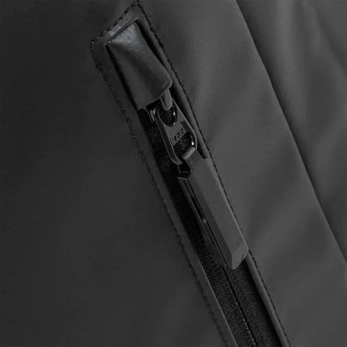 Close-up of Highlander Veltra 44L Cabin Bag Black zipper, showcasing water-resistant material and sturdy zip pull for durability.  from  John Bull Clothing