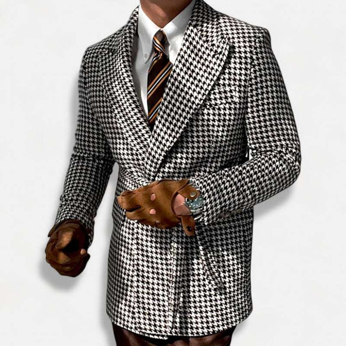 Houndstooth woolen retro suit blazer - AntoniosClothing - Beige with black