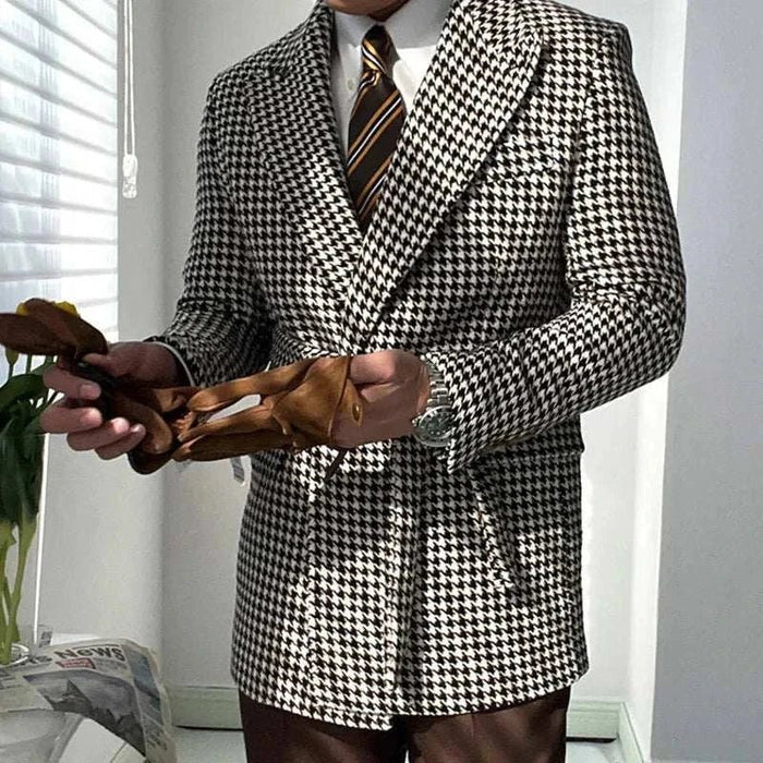Houndstooth woolen retro suit blazer - AntoniosClothing - Beige with black