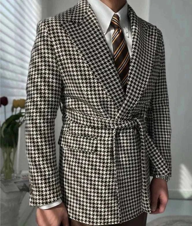 Houndstooth woolen retro suit blazer - AntoniosClothing - Beige with black