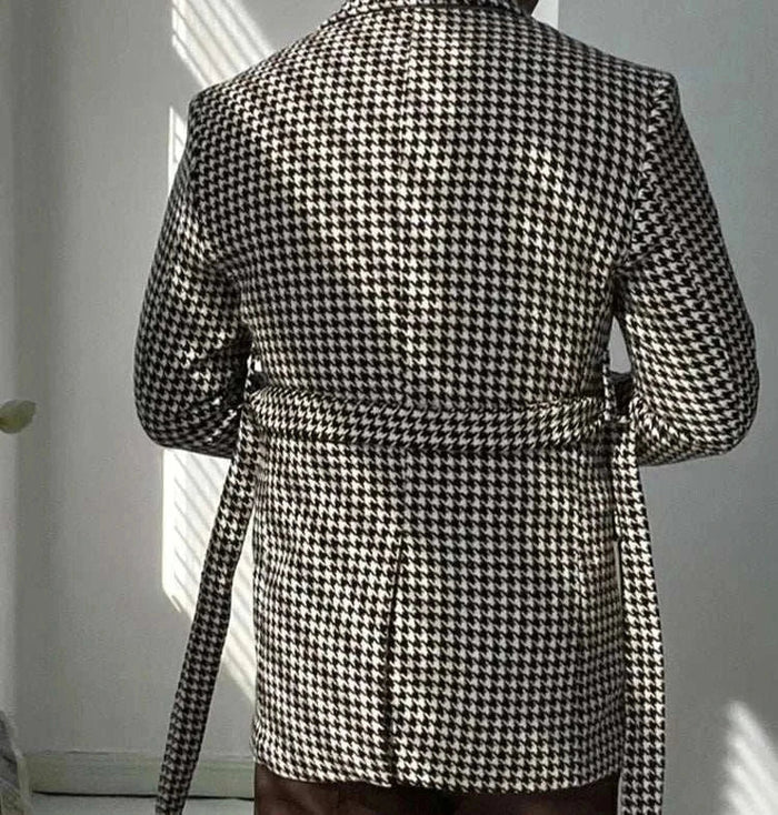 Houndstooth woolen retro suit blazer - AntoniosClothing - Beige with black