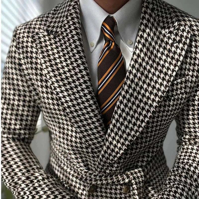 Houndstooth woolen retro suit blazer - AntoniosClothing - Beige with black