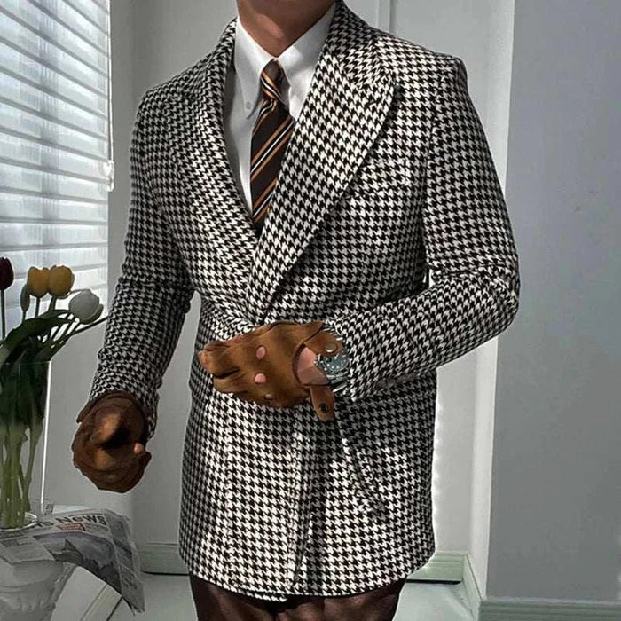 Houndstooth woolen retro suit blazer - AntoniosClothing - Beige with black