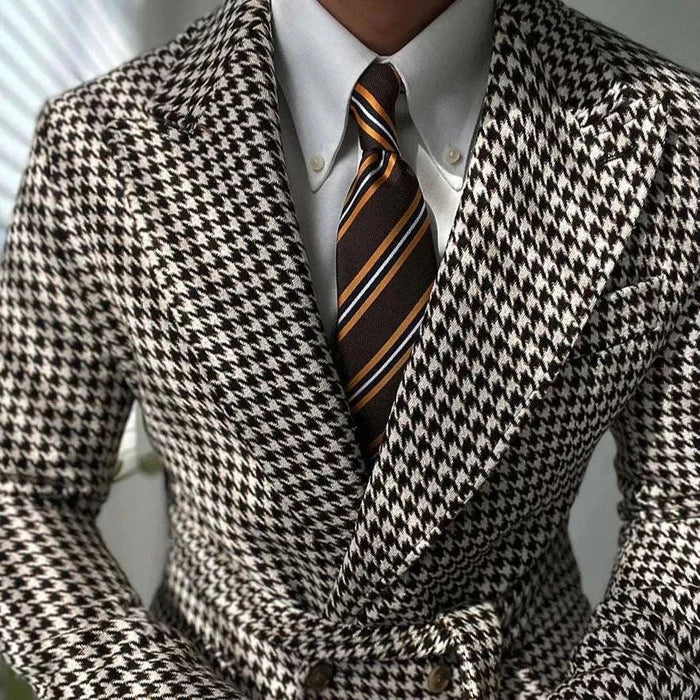 Houndstooth woolen retro suit blazer - AntoniosClothing - Beige with black