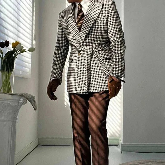 Houndstooth woolen retro suit blazer - AntoniosClothing - Beige with black