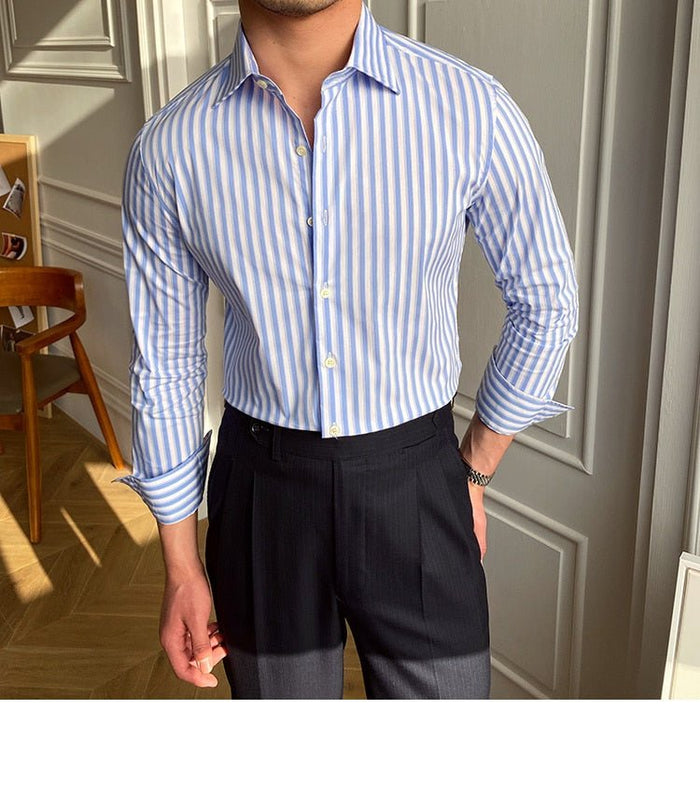 Italian Blue Striped Shirt - AntoniosClothing - Navy Blue