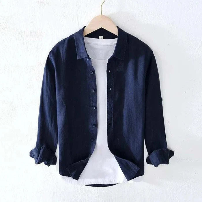 Italian pure linen long-sleeve shirt - AntoniosClothing - Navy blue