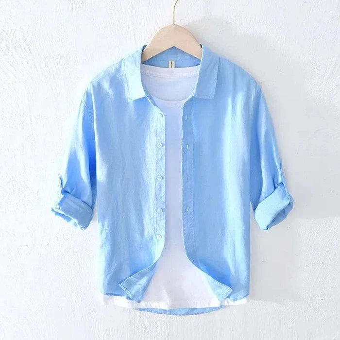 Italian pure linen long-sleeve shirt - AntoniosClothing - Navy blue
