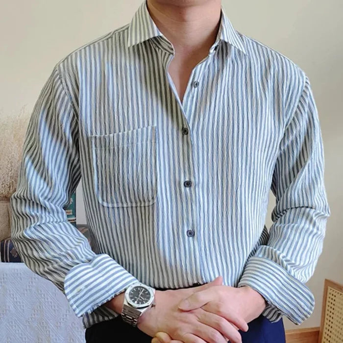 Italian striped long-sleeve shirt - AntoniosClothing - Blue