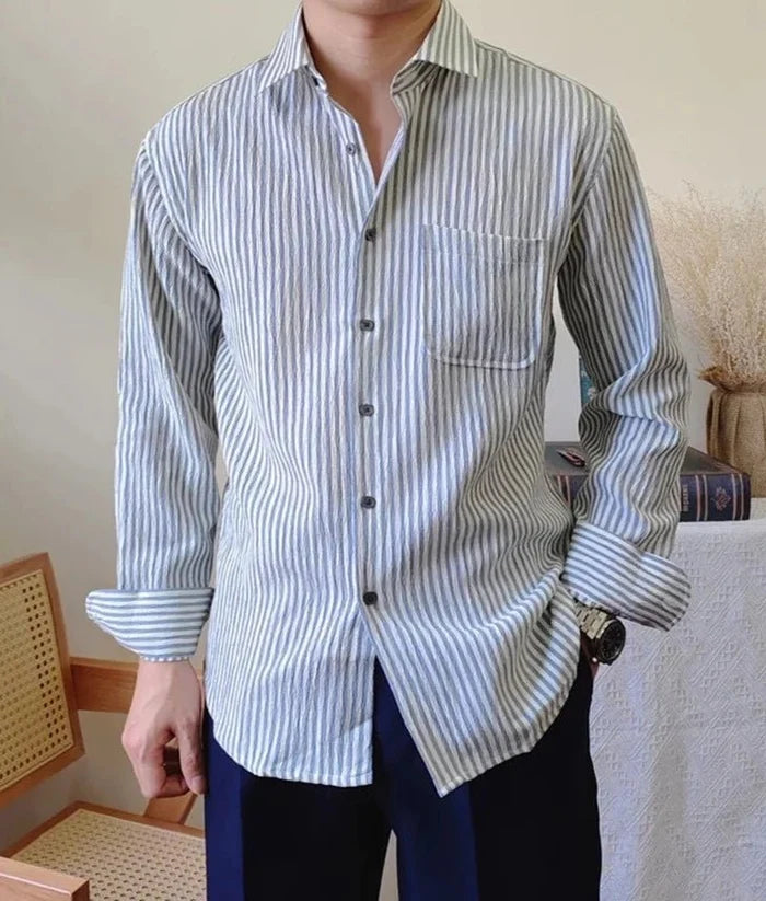 Italian striped long-sleeve shirt - AntoniosClothing - Blue