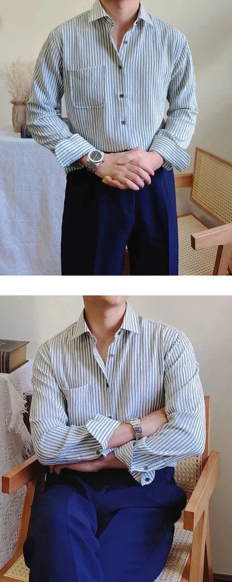 Italian striped long-sleeve shirt - AntoniosClothing - Blue