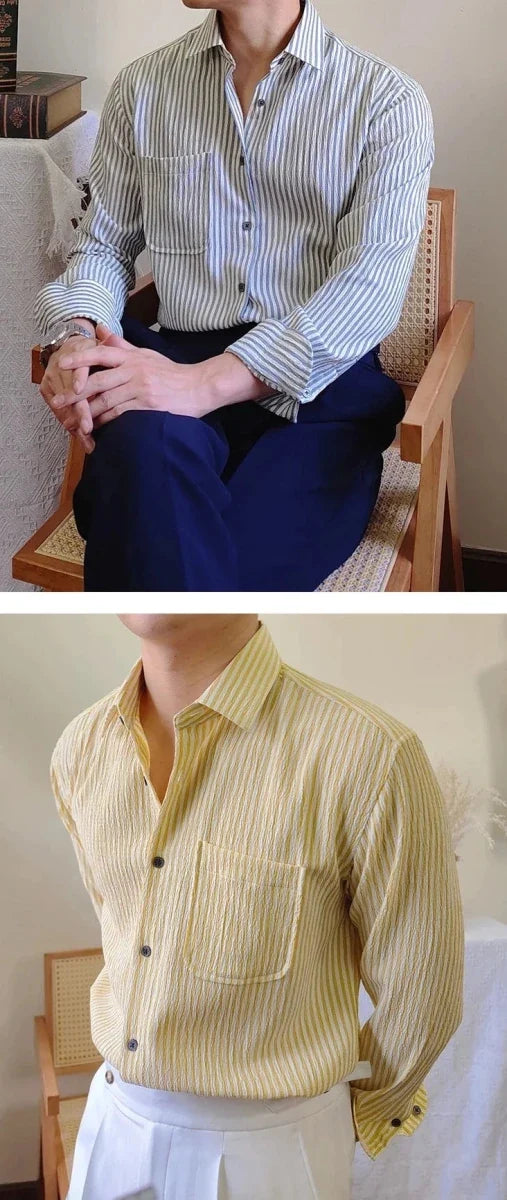 Italian striped long-sleeve shirt - AntoniosClothing - Blue
