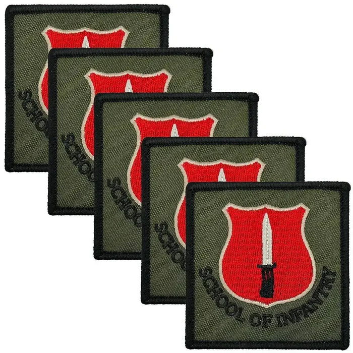 Set of five ITC School of Infantry TRF hook & loop patches with a red shield and white dagger emblem on an olive green background. Tactical recognition badge. 5 Pack from  John Bull Clothing