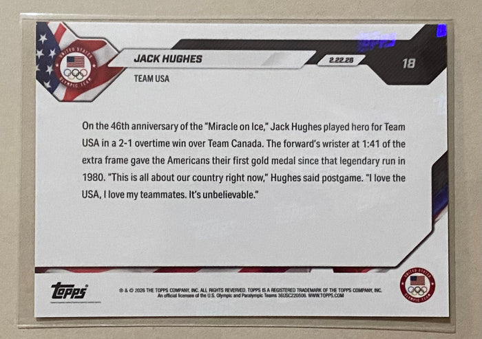 Jack Hughes Topps Now Card 18 2026 Olympics Hockey OT GOAL For GOLD