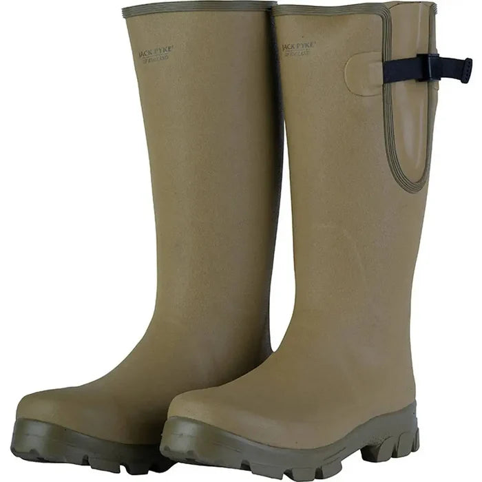 Jack Pyke Ashcombe Gusset Wellington Boot in green with adjustable side gusset for a secure fit. Durable outdoor boots designed for comfort and stability.  from  John Bull Clothing