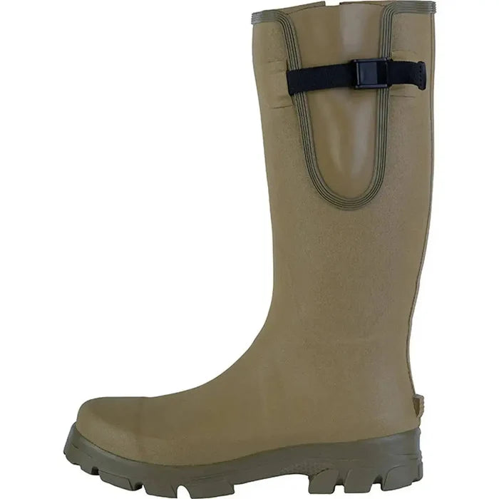 Side profile of Jack Pyke Ashcombe Gusset Wellington Boot featuring an adjustable strap and neoprene lining for flexibility and warmth.  from  John Bull Clothing