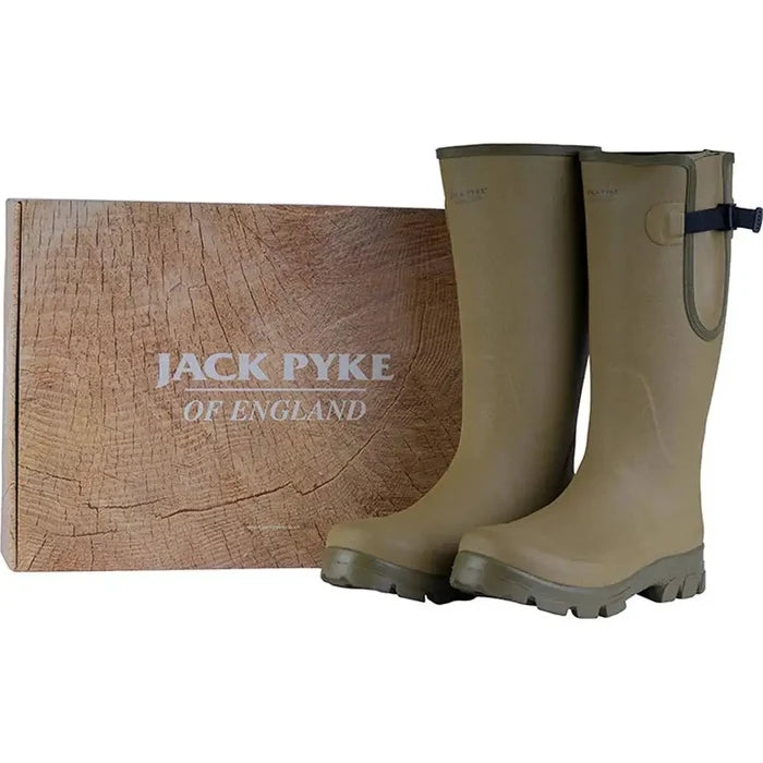 Jack Pyke Ashcombe Gusset Wellington Boot displayed with branded packaging, ideal for outdoor enthusiasts seeking durable and stylish footwear.  from  John Bull Clothing