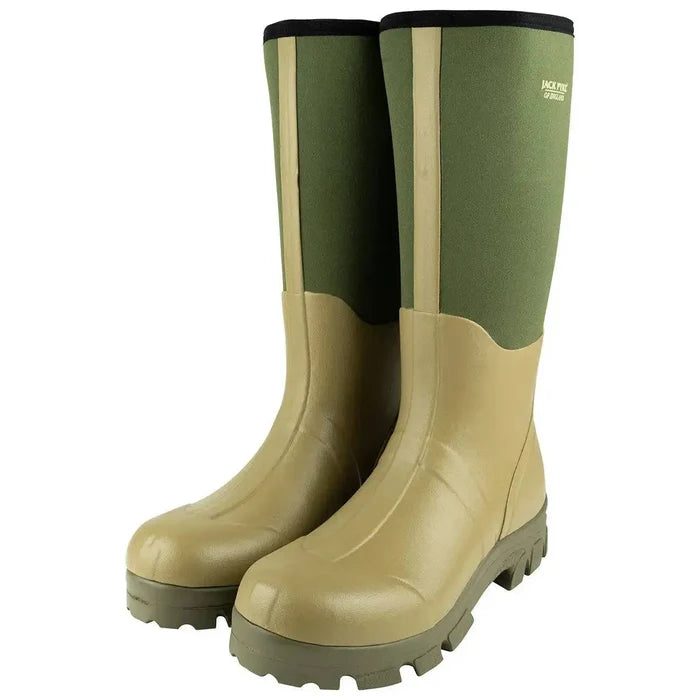 Jack Pyke Ashcombe Neoprene Wellie Boot in Green, featuring a durable rubber lower and neoprene upper for comfort and waterproof protection.  from  John Bull Clothing