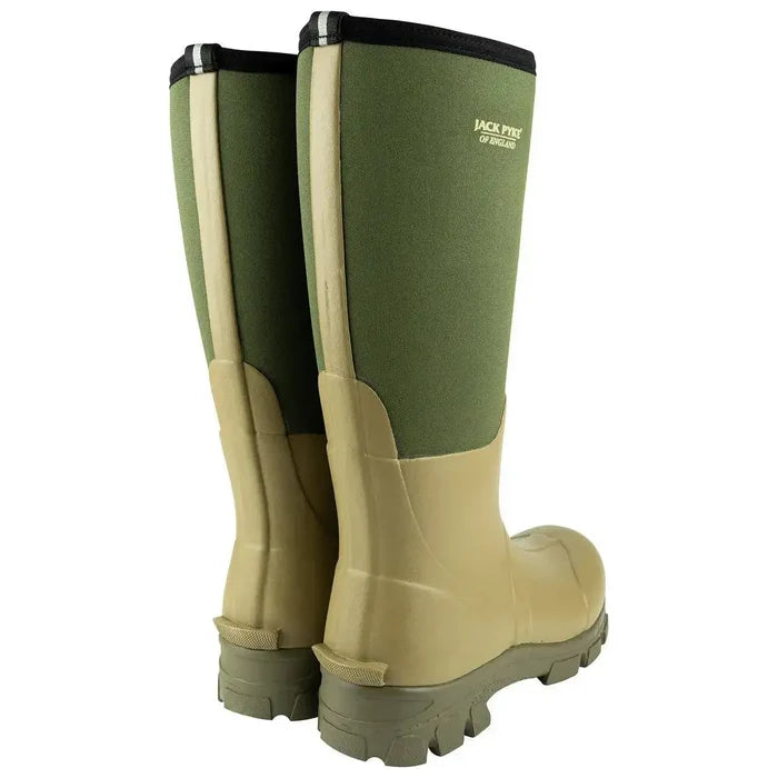Rear view of the Jack Pyke Ashcombe Neoprene Wellie Boot in Green, showcasing its sturdy sole and high-cut neoprene upper for outdoor durability.  from  John Bull Clothing