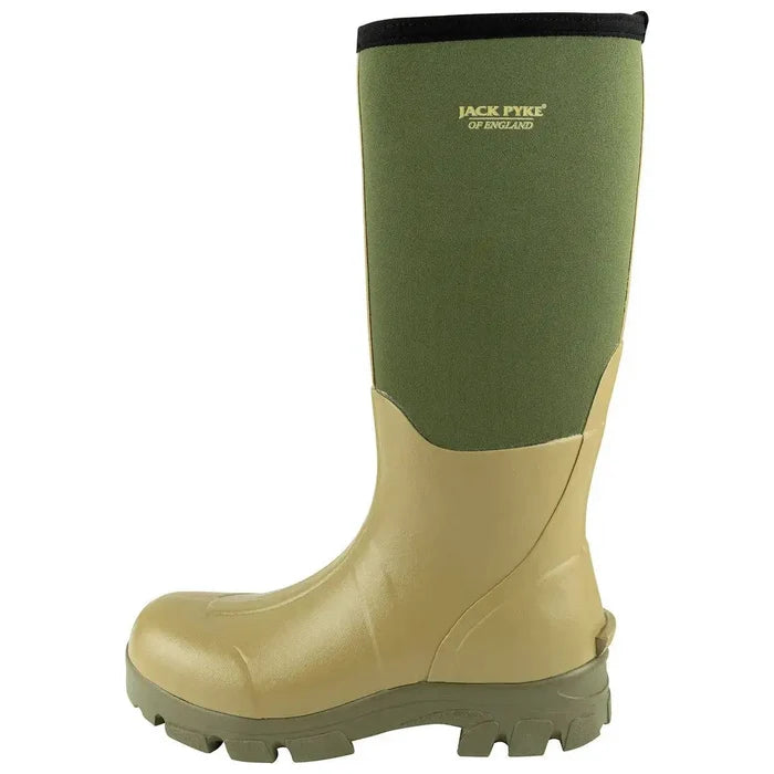 Side profile of the Jack Pyke Ashcombe Neoprene Wellie Boot in Green, highlighting its ergonomic design and waterproof construction.  from  John Bull Clothing