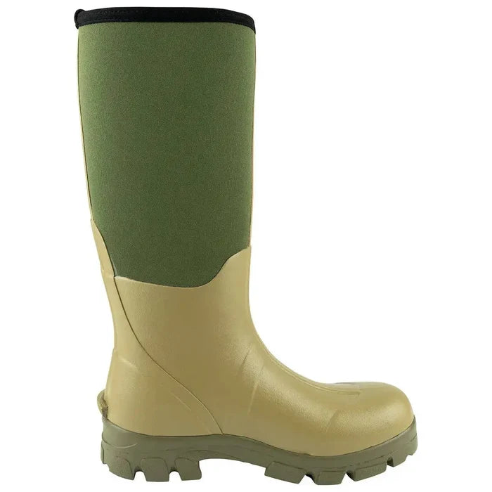 Opposite side view of the Jack Pyke Ashcombe Neoprene Wellie Boot in Green, emphasizing its rugged sole and flexible neoprene upper.  from  John Bull Clothing