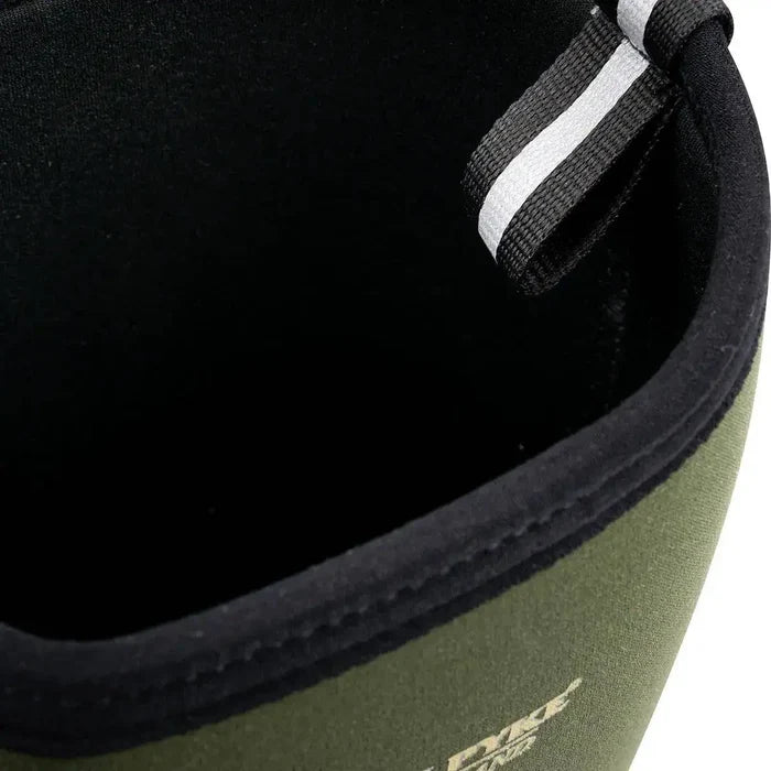 Close-up of the Jack Pyke Ashcombe Neoprene Wellie Boot's top, showing the reinforced pull tab and soft neoprene lining for easy wear.  from  John Bull Clothing