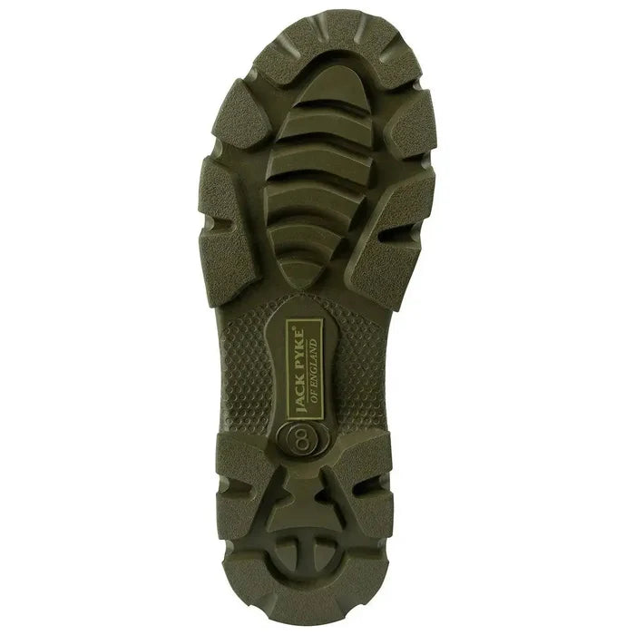 Treaded sole of the Jack Pyke Ashcombe Neoprene Wellie Boot in Green, designed for superior grip and stability on rough terrains.  from  John Bull Clothing