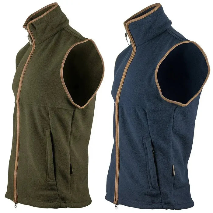 Jack Pyke Countryman Fleece Gilet in green and navy, sleeveless outdoor jackets with full zip and high collar, ideal for layering in cold weather.  from  John Bull Clothing