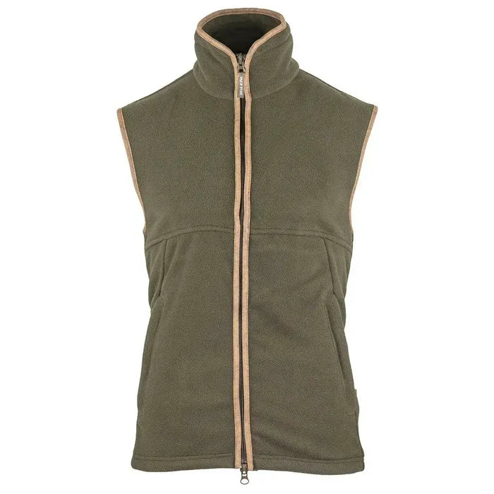 Front view of green Jack Pyke Countryman Fleece Gilet with tan trim and full-length zip, ideal for layering in outdoor environments.  from  John Bull Clothing