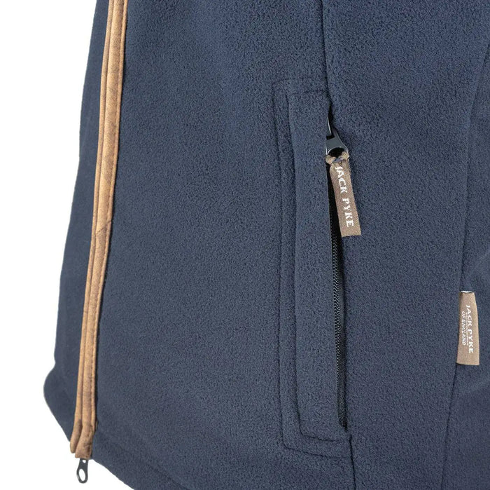 Detail of navy Jack Pyke Countryman Fleece Gilet zippered pocket with branded pull tab, highlighting secure storage and fleece material.  from  John Bull Clothing