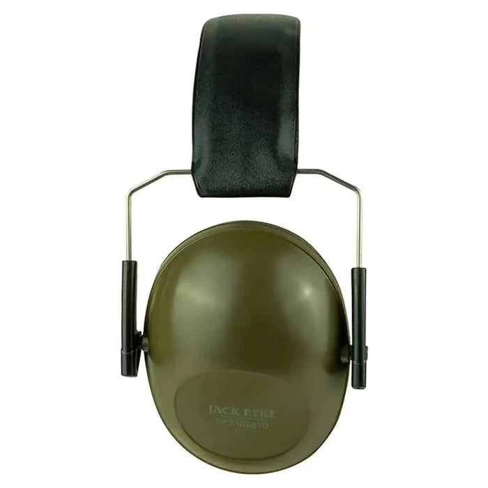 Side view of Jack Pyke Passive Ear Defenders with durable green ear cups and black padding, ideal for hearing protection in noisy environments.  from  John Bull Clothing