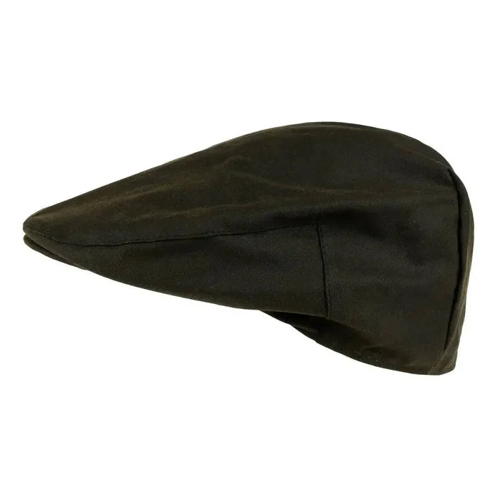 Jack Pyke Wax Flat Cap Green from John Bull Clothing, featuring a classic country-style design in durable waxed cotton with a dark green finish.  from  John Bull Clothing