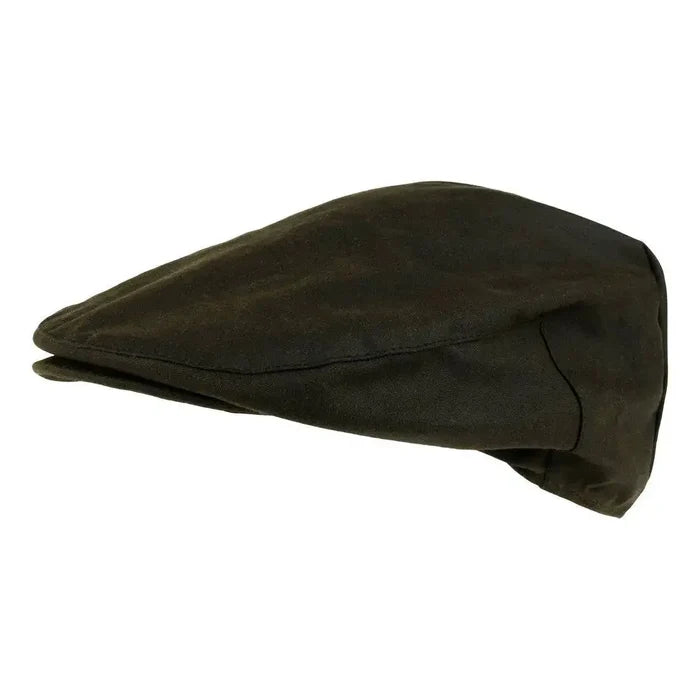 Side view of the Jack Pyke Wax Flat Cap Green, showcasing its traditional flat cap silhouette and sturdy waxed cotton material.  from  John Bull Clothing