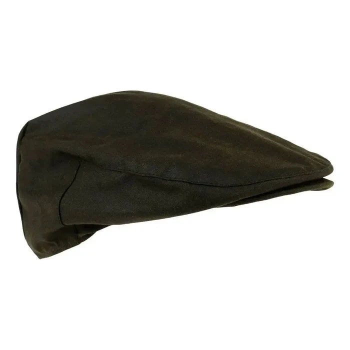 Jack Pyke Wax Flat Cap Green, displayed from another angle, highlighting its structured design and premium waxed cotton fabric.  from  John Bull Clothing
