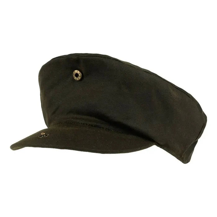 Jack Pyke Wax Flat Cap Green with an alternative military-style fold, featuring a button detail for versatile wear.  from  John Bull Clothing