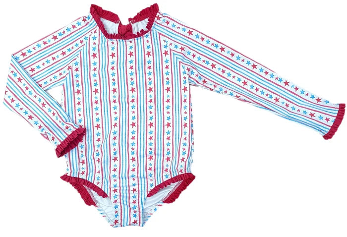 James and Lottie - Leighton One Piece Rash Guard Swimsuit - Patriotic Stars and Stripes
