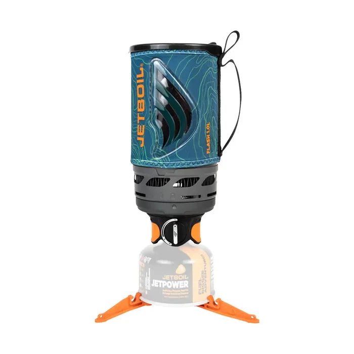 Jetboil Flash 1.0L Fast Boil Stove System in Ocean Topo color, designed for fast boiling with an integrated heat exchanger and sturdy base. Ocean Topo FLOT3 from  John Bull Clothing