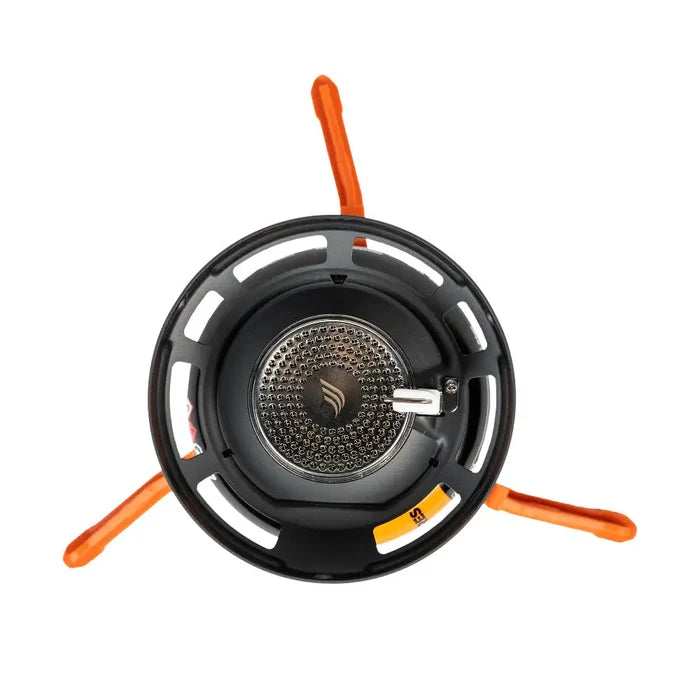 Bottom view of Jetboil Flash 1.0L Fast Boil Stove System, showcasing the burner and sturdy orange tripod base.  from  John Bull Clothing