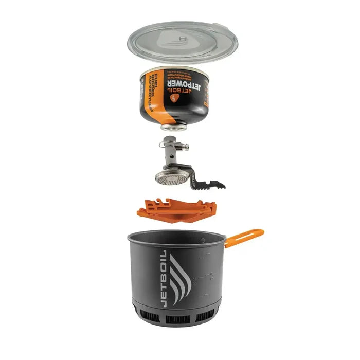 Exploded view of Jetboil Stash Carbon Camping Stove components including pot, burner, stabilizer, and fuel canister for compact packing.  from  John Bull Clothing